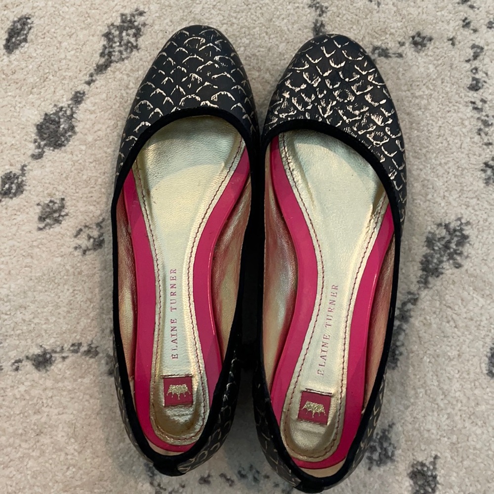Black and metallic gold Elaine Turner flats